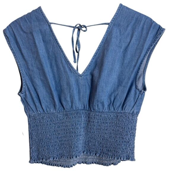 Old Navy Waist Defined Smocked Top 100% Cotton Chambray Blue Size Small NEW - Picture 8 of 11